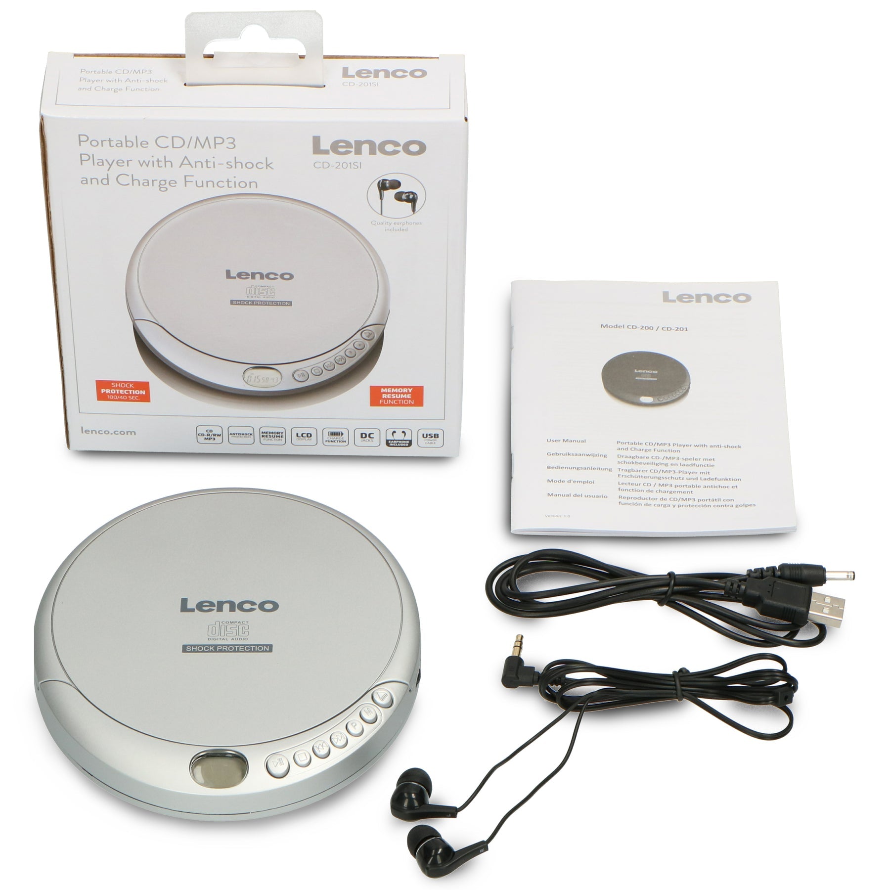 Lenco CD-201 – CD-Player – Portabel – MP3-Wiedergabe, Akkubetrieb – Silber