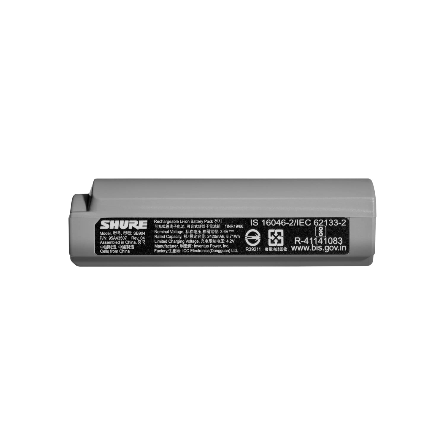 Shure SB904 Akku – Lithium-Ion, 2420 mAh, 3,6 V, für GLX-D+, Schwarz