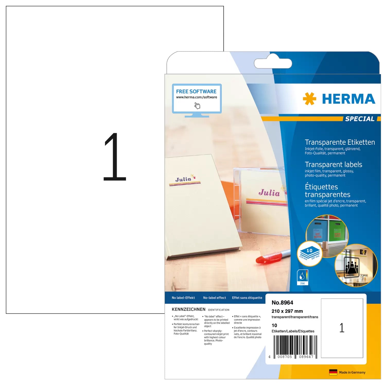 HERMA Inkjet-Etiketten, 210 mm × 297 mm, transparent, Folie, permanent, 10 Blatt