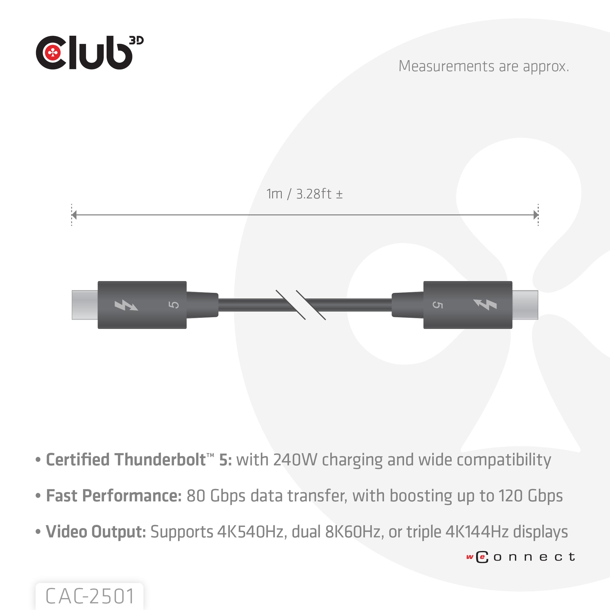 CLUB3D USB-C-zu-USB-C Anschlusskabel – 1 m, Thunderbolt 5, 120 Gbit/s, 240 W, Schwarz
