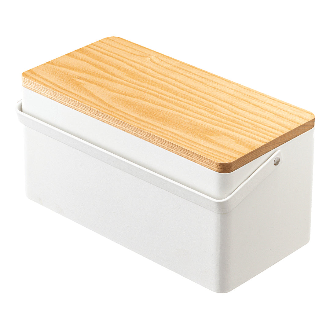 Yamazaki Aufbewahrungsbox (mit Deckel) – Metall – Weiss/Holz – 140 × 135 × 270 mm