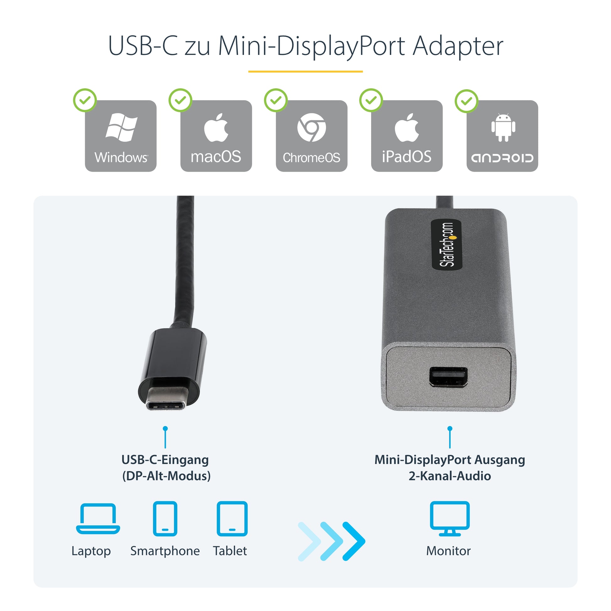 StarTech.com USB-C auf Mini-DisplayPort Adapter DP 1.2 4K 60 Hz – 0,306 m – Weiss – für Thunderbolt 3