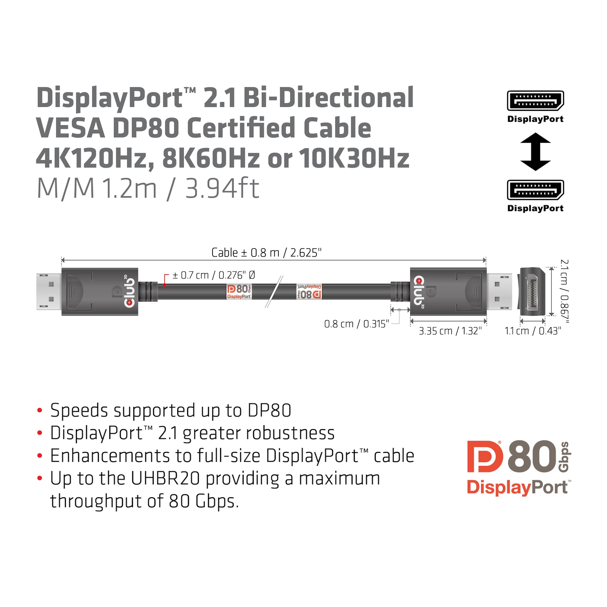 CLUB3D DisplayPort Kabel DP 2.1 8K 60 Hz – 1,2 m