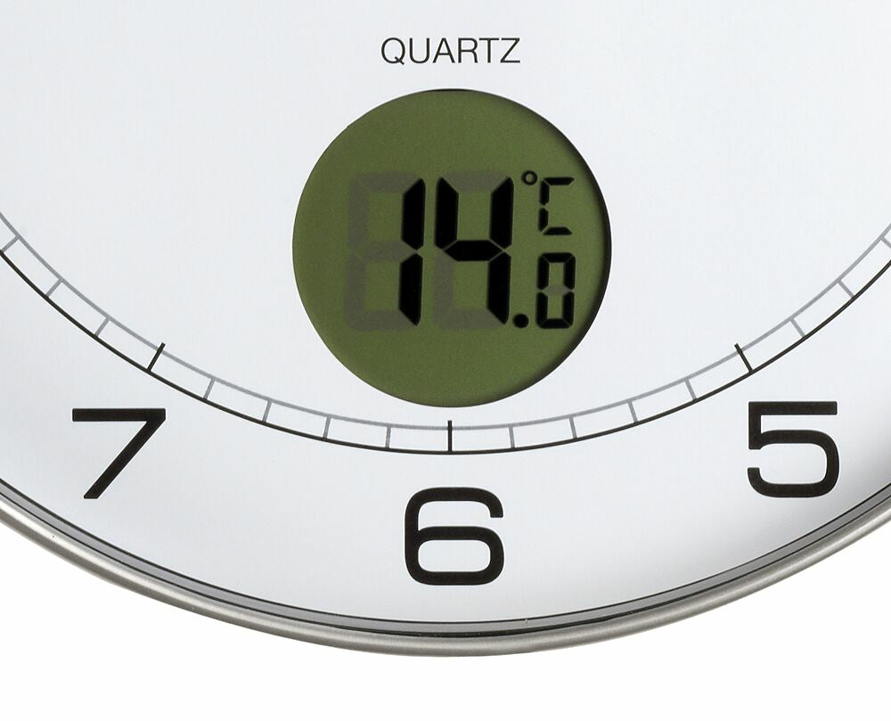 Unilux Digitale Wanduhr – Ø 30,5 cm, metallgrau, Kunststoff, geräuscharm, Thermometer