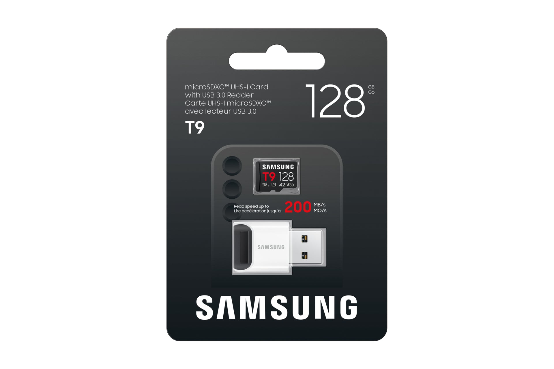 Samsung T9 microSDXC 128 GB – UHS-I, U3, V30, A2, 200/130 MB/s, inkl. USB-Kartenleser