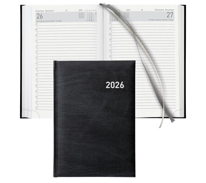 Biella Executive Agenda – 1 Tag pro Seite, gebunden, 14,5 × 20,5 cm, 2026, 1/2-Stunden-Takt, schwarz, FSC