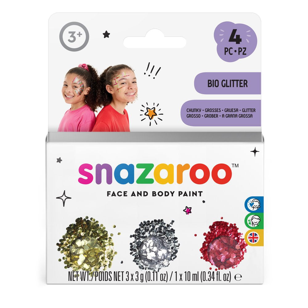 Snazaroo Glitzer-Set Grob – 3 Stk – Gold, Rot, Silber – für sensible Haut