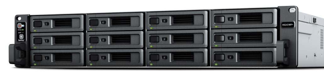 Synology RS2423RP+ – 12-Bay Rack 2U NAS – AMD Ryzen V1780B, 8 GB RAM, 10GbE, DSM, redundantes Netzteil