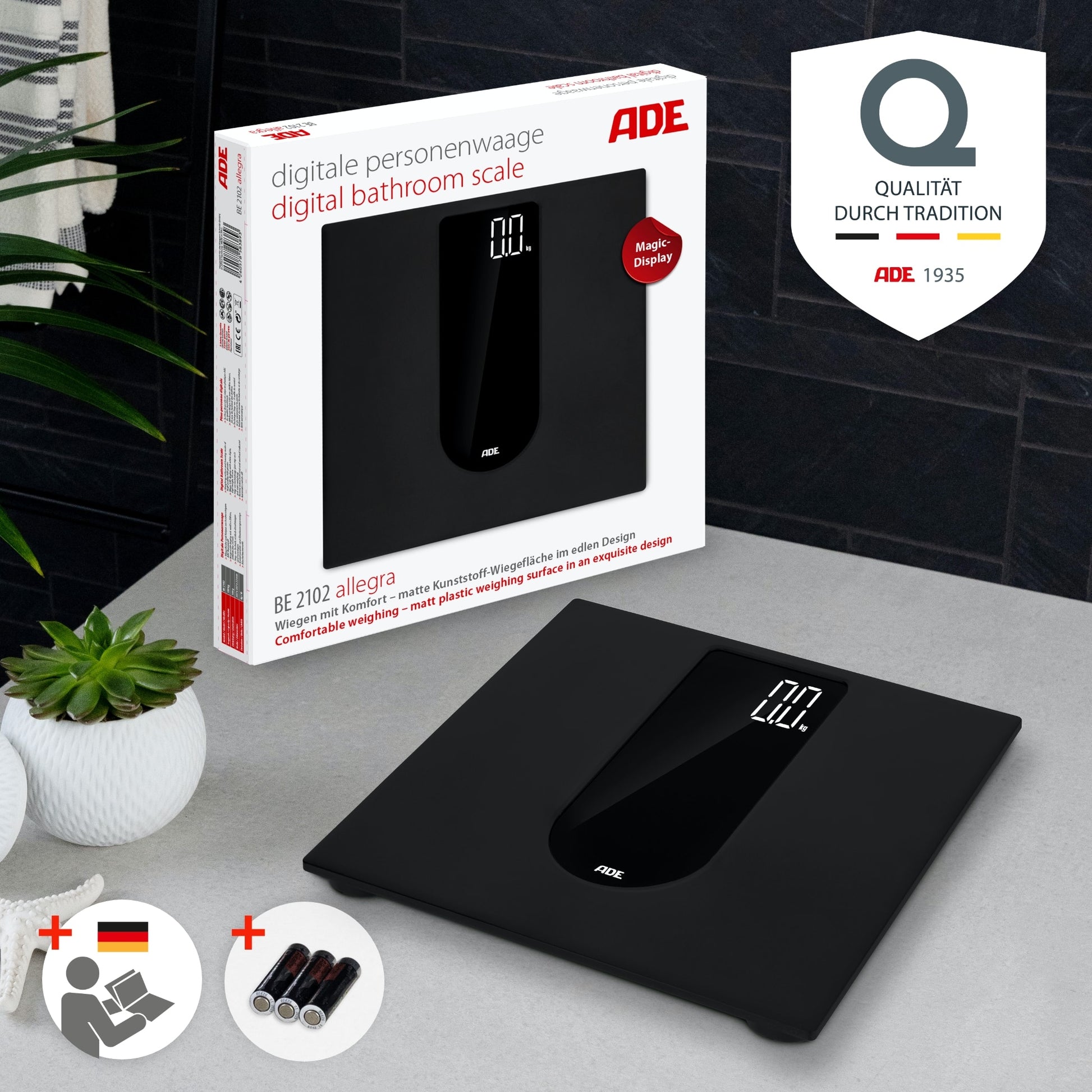 ADE Personenwaage Allegra – 31×31×2,6 cm, Glas, 250 kg, Schwarz