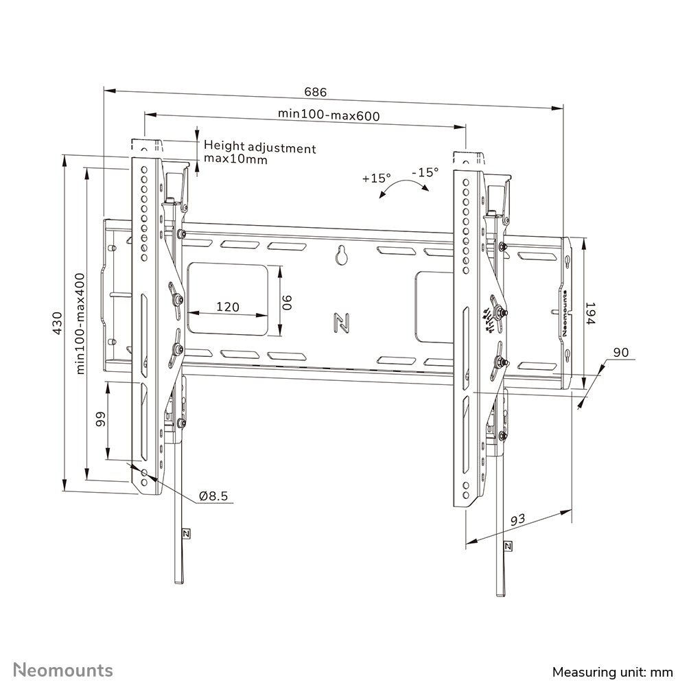 Neomounts WL35-750BL16 – Wandhalterung, neigbar, für 42–86", VESA 100×100–600×400, bis 125 kg