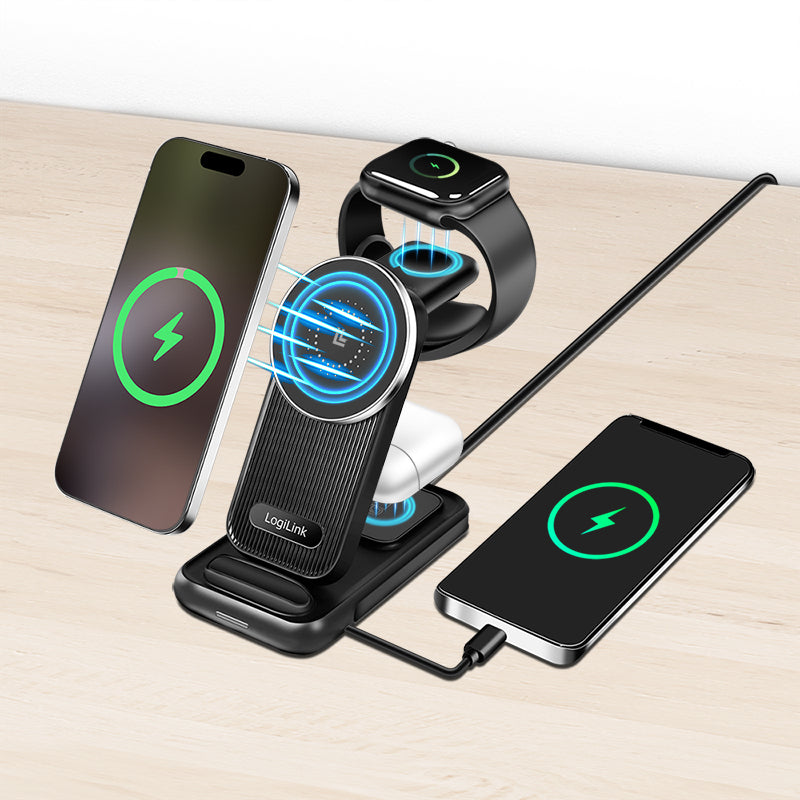 LogiLink PA0292 4-in-1 Ladeständer – MagSafe-kompatibel – 20,5 W – für iPhone/Apple Watch/AirPods – Schwarz