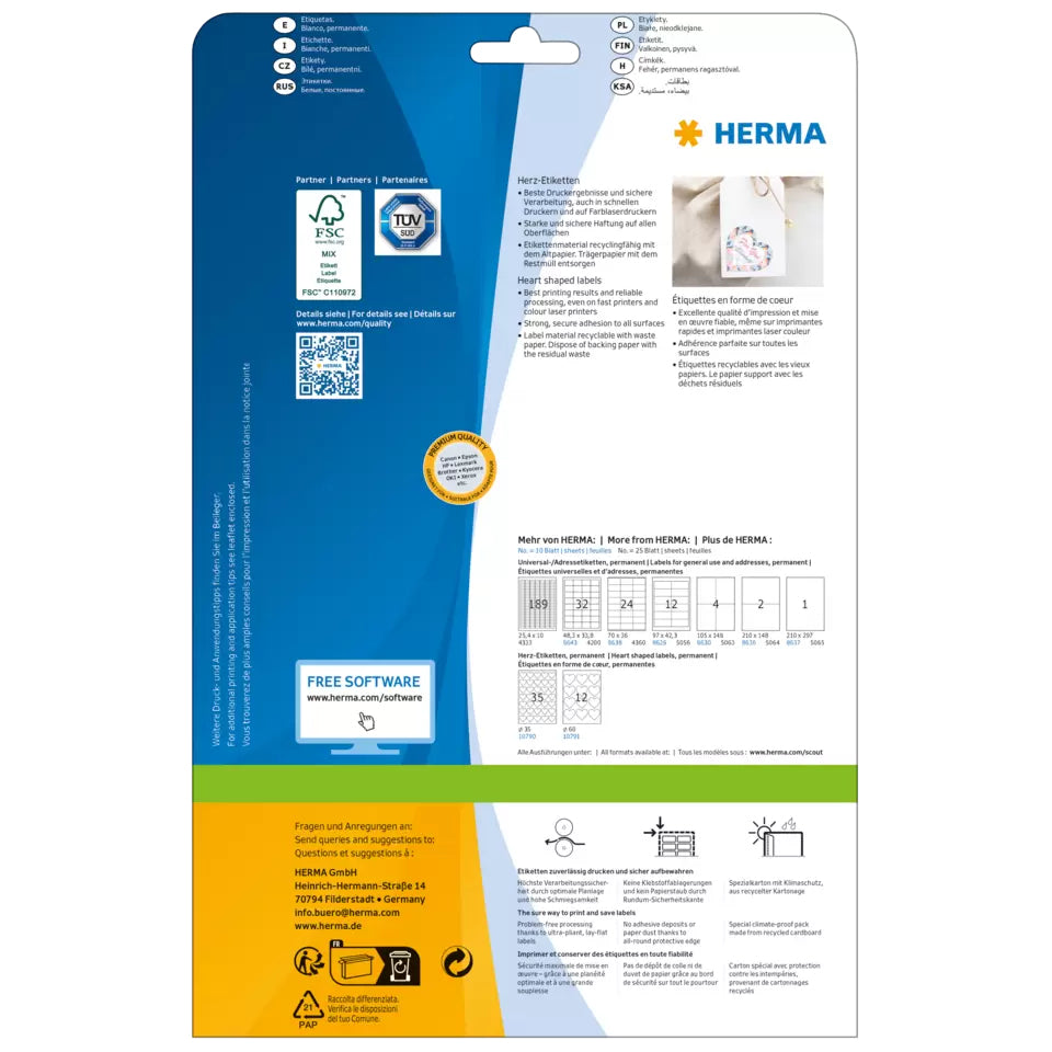 HERMA Herz-Etiketten A4 35 mm – Papier, matt, weiss – permanent haftend – Laser/Inkjet – 35 pro Blatt, 10 Blätter