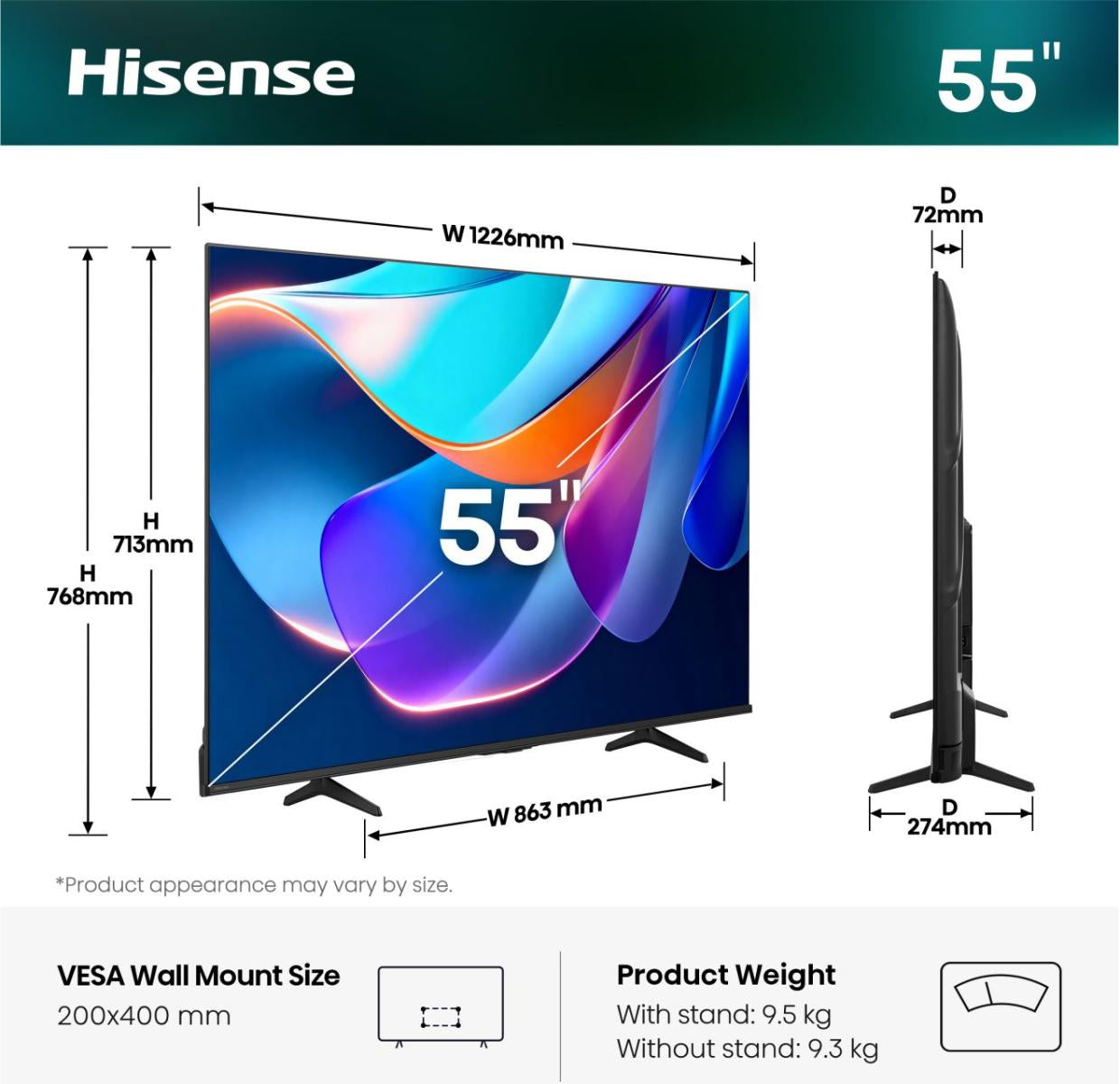 Hisense A6S 55" TV – 4K UHD – LCD (Direct-LED) – VIDAA U9.5 – 60 Hz – Dolby Vision, HDR10, HDR10+, HLG