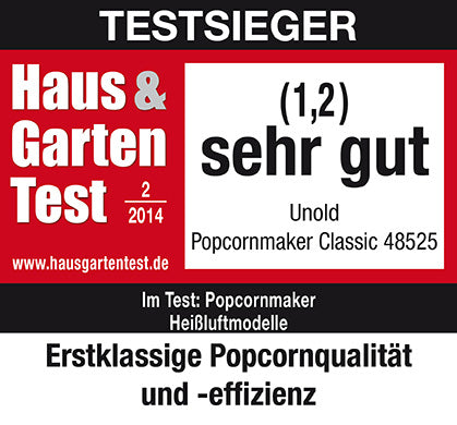 Unold Popcornmaschine Classic 48525 – 100 g, 900 W, Deckel als Messbecher – rot/silber/weiss
