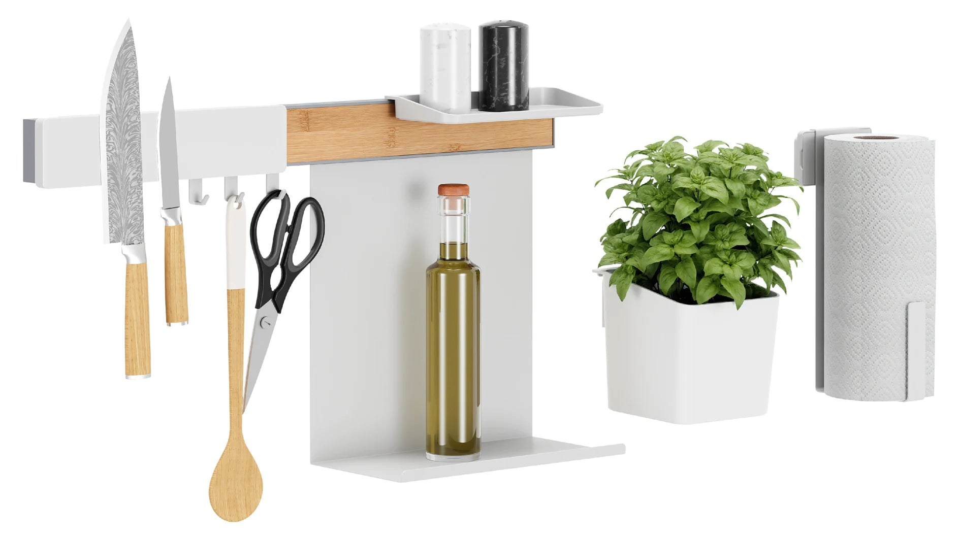 TESA Küchenorganizer Kombi-Set L – für Küchenreling aus Aluminium – weiss & Bambus – 86,5 × 34 × 14 cm