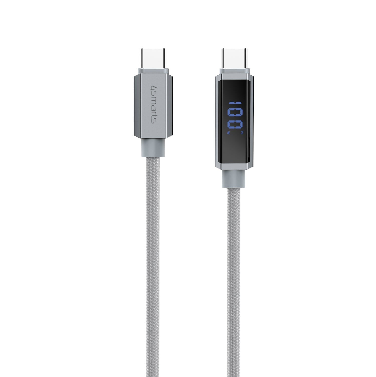4smarts USB-C auf USB-C Kabel – USB 2.0 (480 Mbit/s) – 1,5 m – PD 100 W – LED-Display, Geflochten – Grau