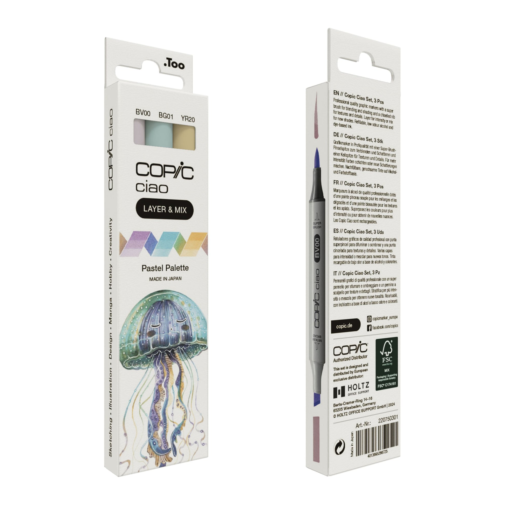 Copic Ciao Pinselstift, Doppelspitze – Kombi (Pinsel + Keil), alkoholbasiert, 3 Farben