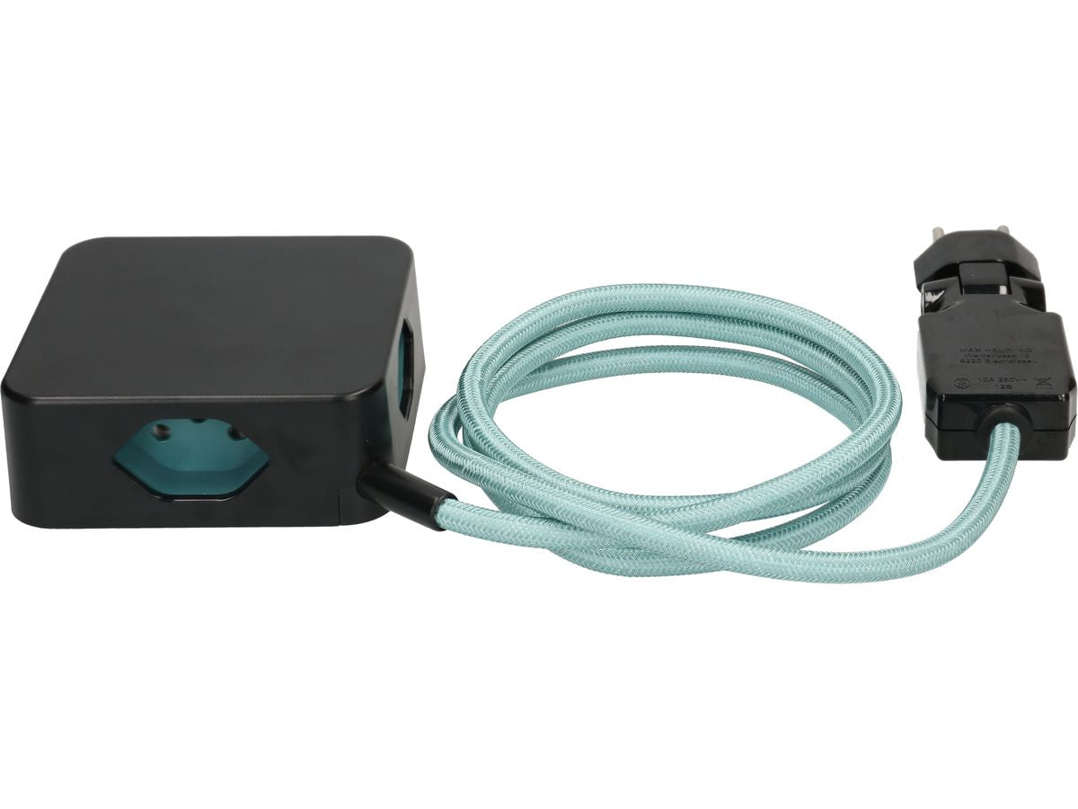 maxTEX Cube Steckdosenleiste – 3× T13, USB‑A/C 18 W, 2 m, ohne Schalter, IP20, schwarz/türkis