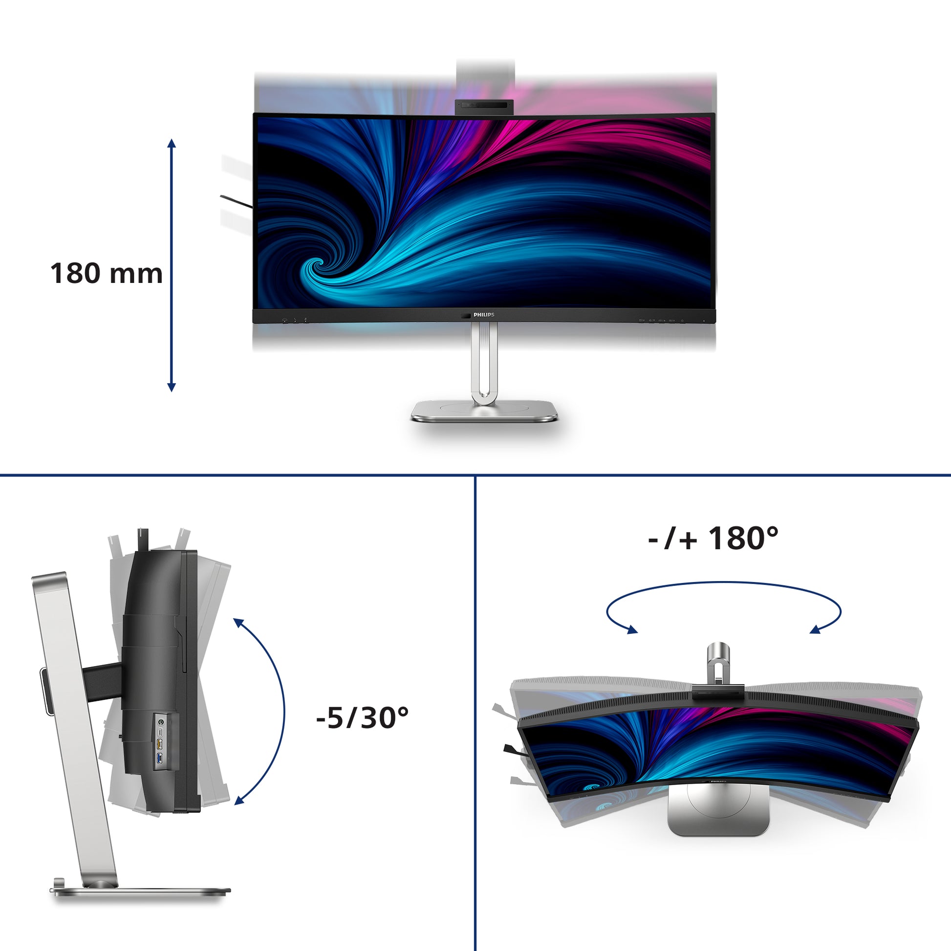 Philips 34B2U6603CH/00 – Monitor, 34", VA, 120 Hz, 300 cd/m², Webcam, 3× USB-C, KVM, VESA 100 × 100, Schwarz