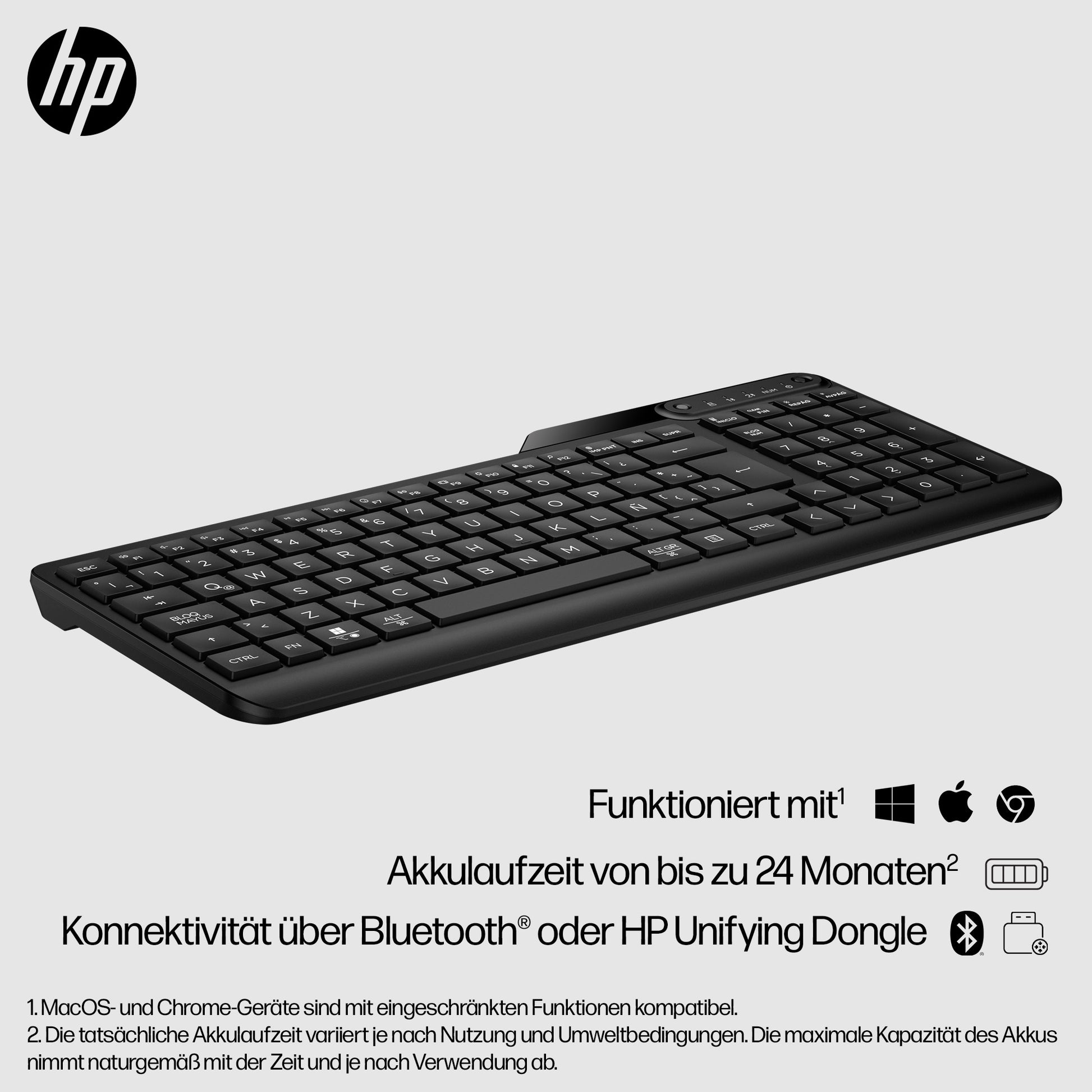 HP 475 – Tastatur, kabellos (Bluetooth/2,4 GHz), CH-Layout (DE-CH), Fullsize (mit Ziffernblock), Schwarz