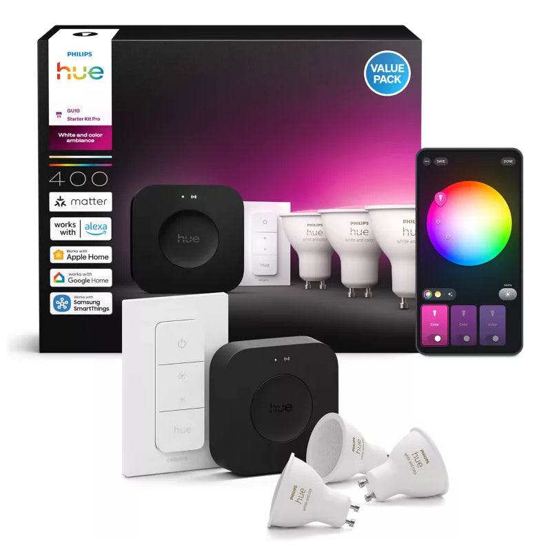 Philips Hue White & Colour Ambiance Starterset GU10 3er – 400 lm, inkl. Bridge, für Bluetooth & Apple HomeKit