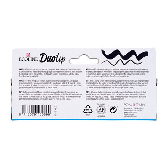 Talens Ecoline Duotip Filzstifte, Doppelspitze – Keil/Rund, wasservermalbar, 3 Farben