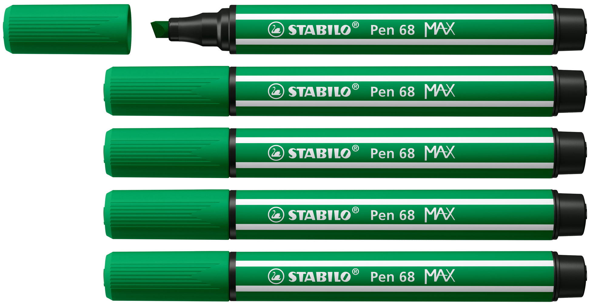 STABILO Pen 68 MAX Filzstift, Doppelspitze – Kombi (Keil-/Rundspitze), 1+5 mm, wasservermalbar, Smaragdgrün, 5 Stück