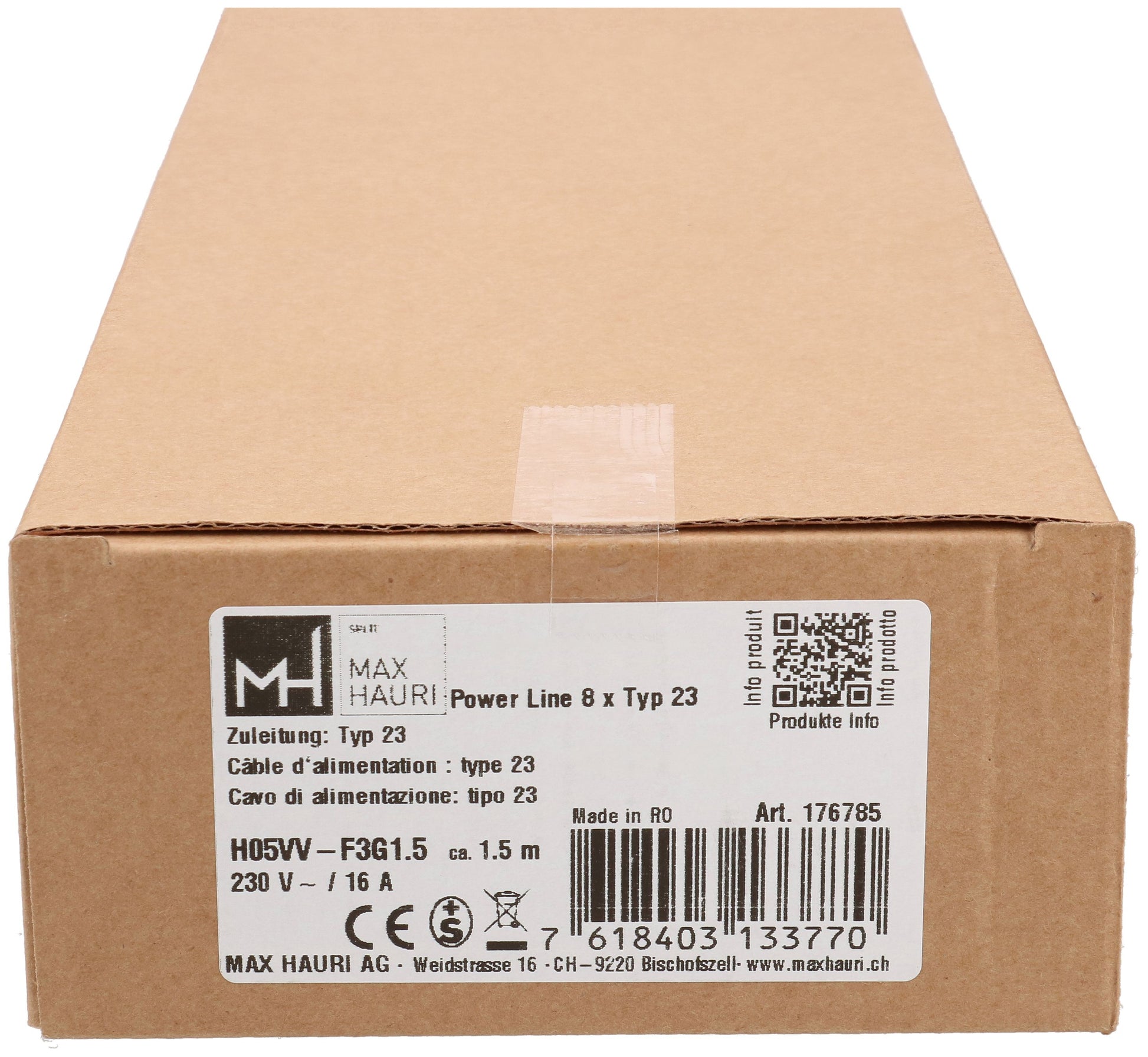 Max Hauri AG Max Hauri Power Line Steckdosenleiste, 8×T23, 1,5 m, Überlastschutz – Grau/Schwarz