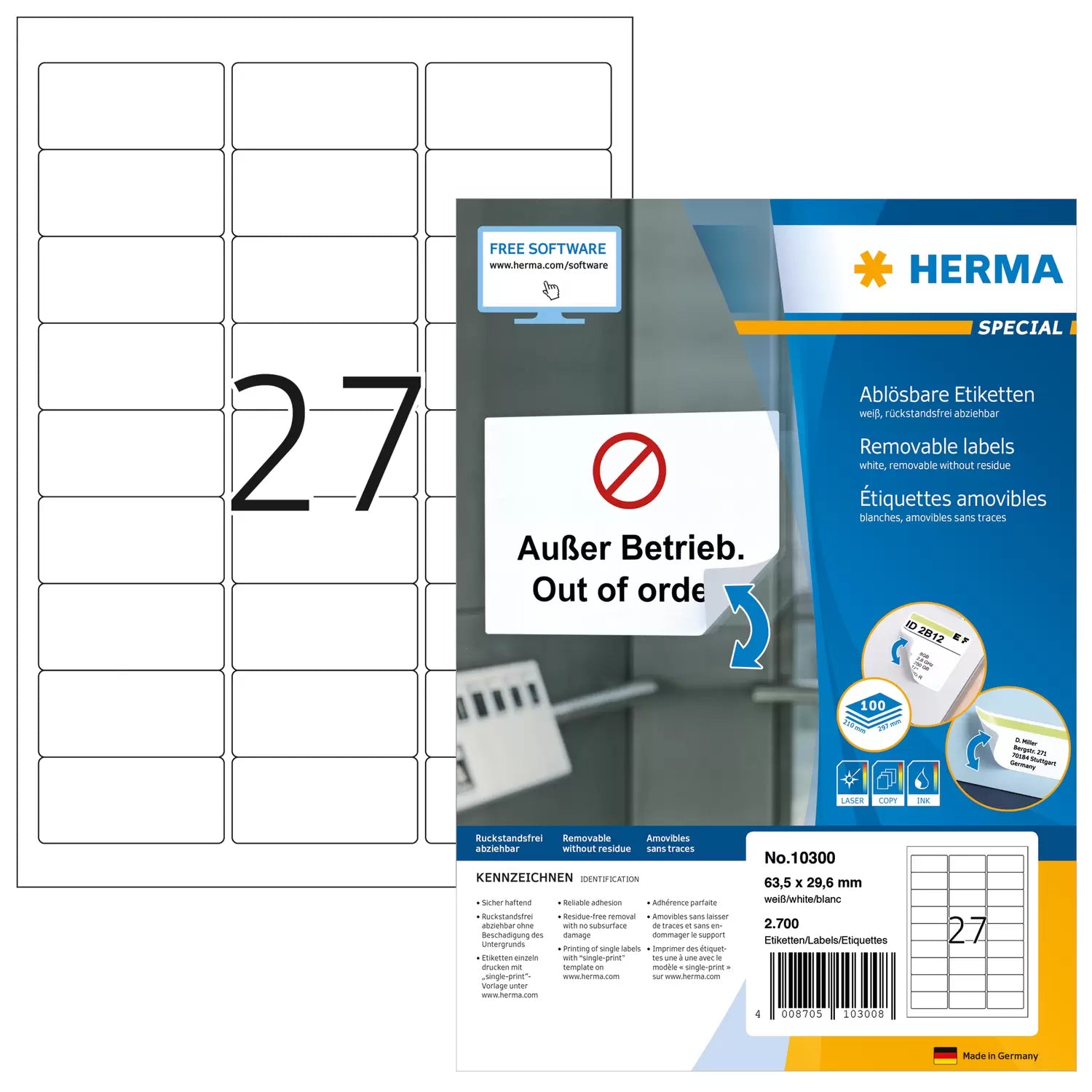 HERMA Drucketiketten, 64 mm × 30 mm, weiss, Papier, ablösbar, 2700 Etiketten