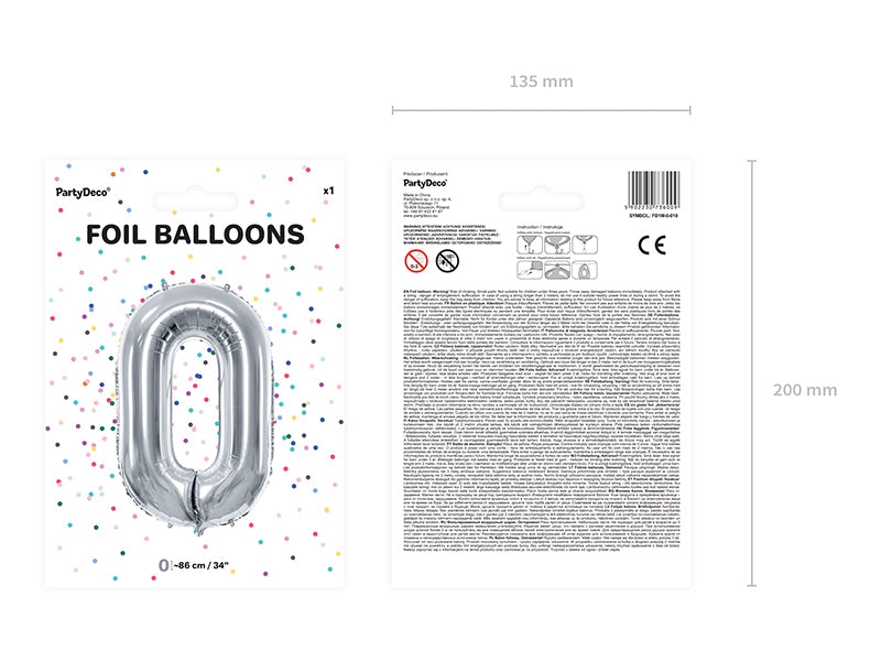 PartyDeco Folienballon Zahl 0 – Silber – 86 cm – 1 Stk