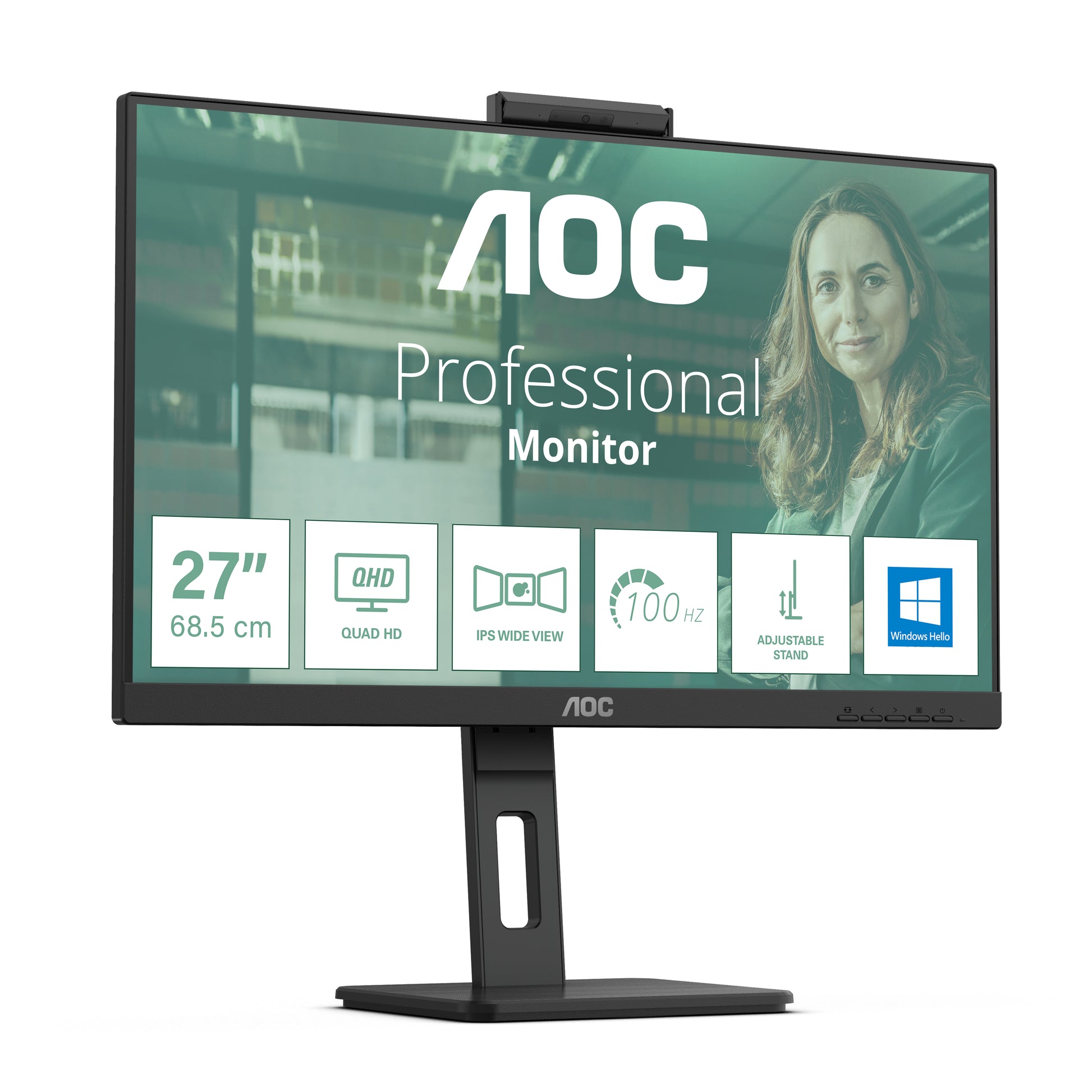 AOC Monitor, 27", IPS, 75 Hz, 350 cd/m², Webcam, USB-Hub, Integrierte Lautsprecher, VESA 100 × 100, Schwarz