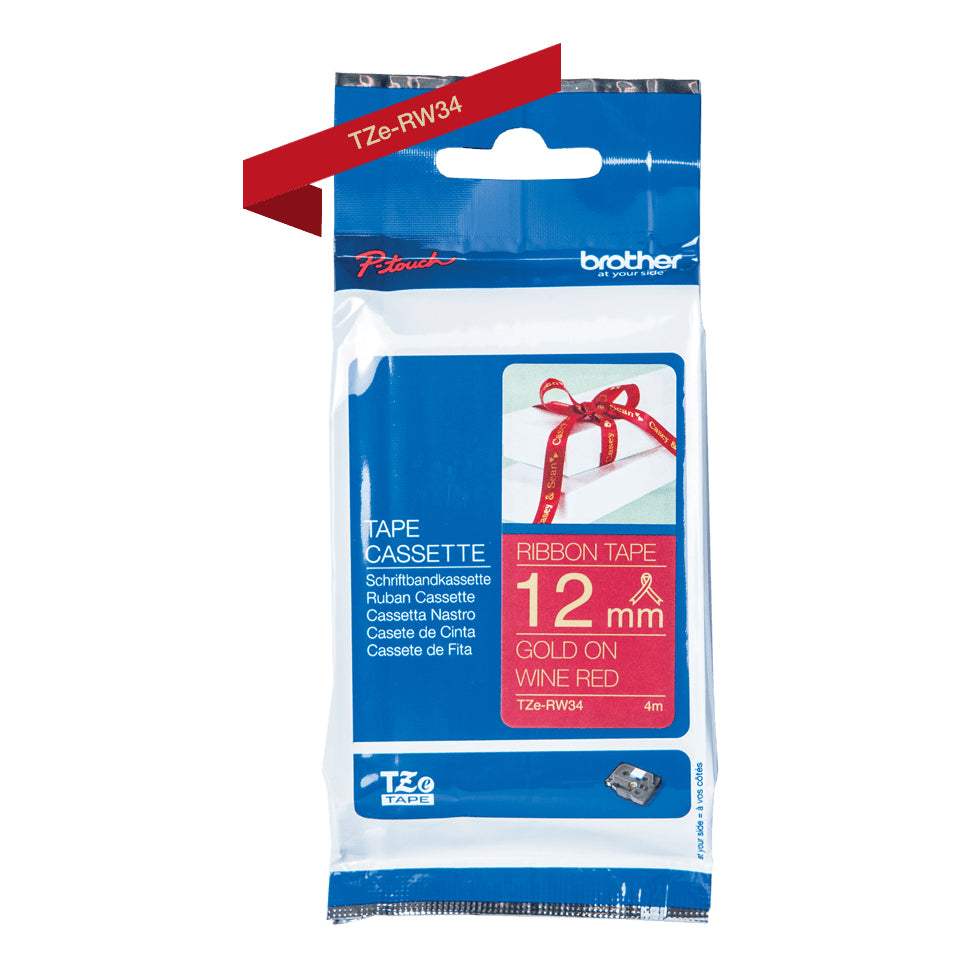 Brother TZE-RW34 – Textilband TZe, nicht klebend, Gold auf Rot (4 m)