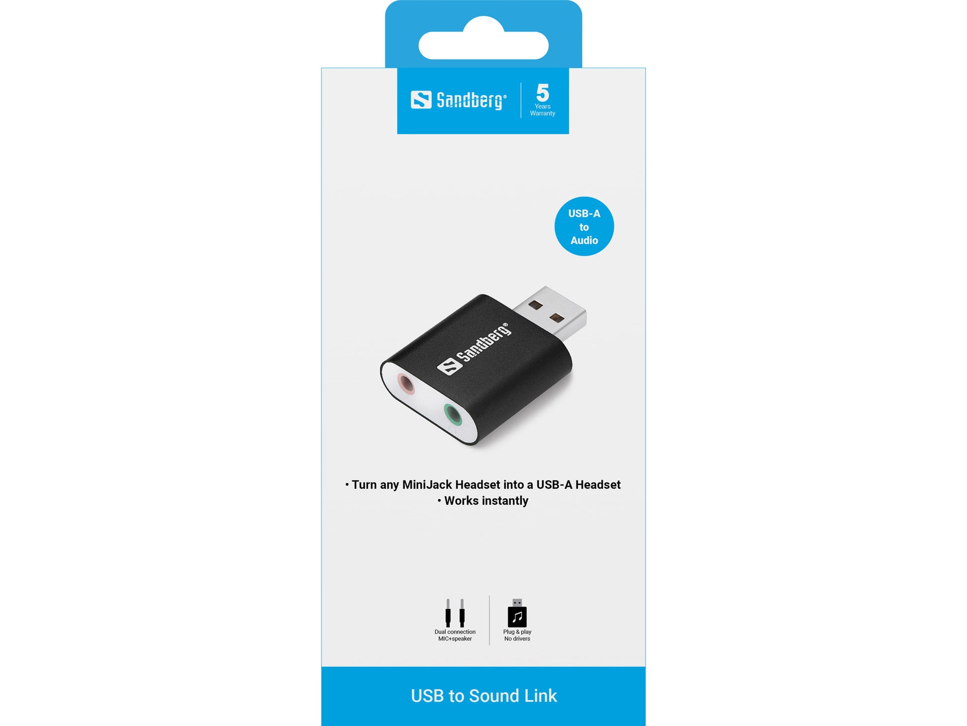 Sandberg USB-Audio-Adapter USB zu Kopfhörer/Mikrofon – Stereo (2,0 Kanäle), 1× Kopfhörer, Mikrofon-Eingang