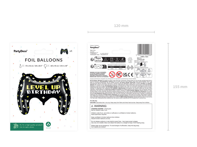 PartyDeco Folienballon Game Controller – Weiss/Schwarz – 72 × 52 cm – Folie – 1 Stk