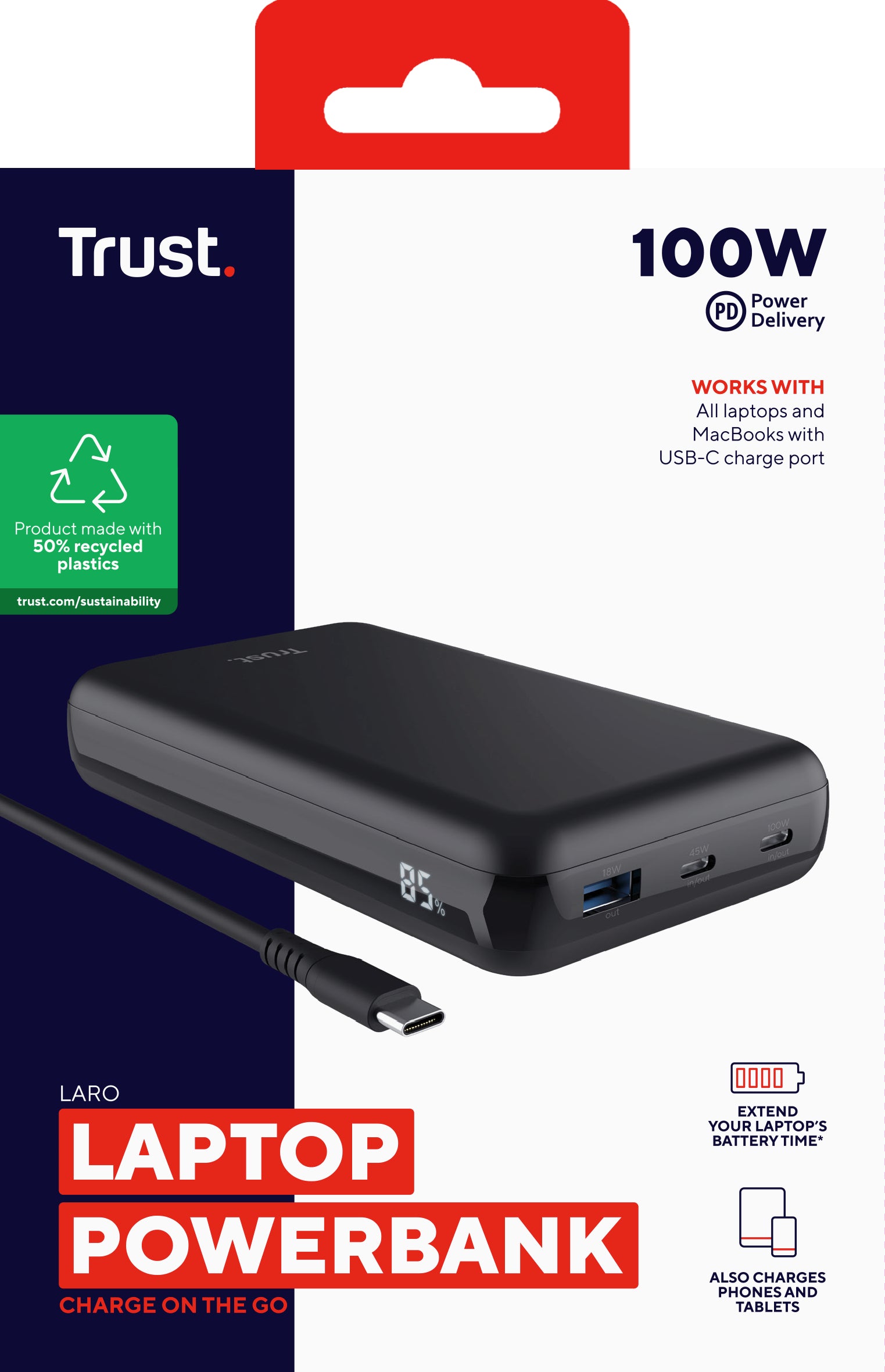 Trust Powerbank 10000 mAh, PD 100 W, 2× USB-C, 1× USB-A, Schwarz