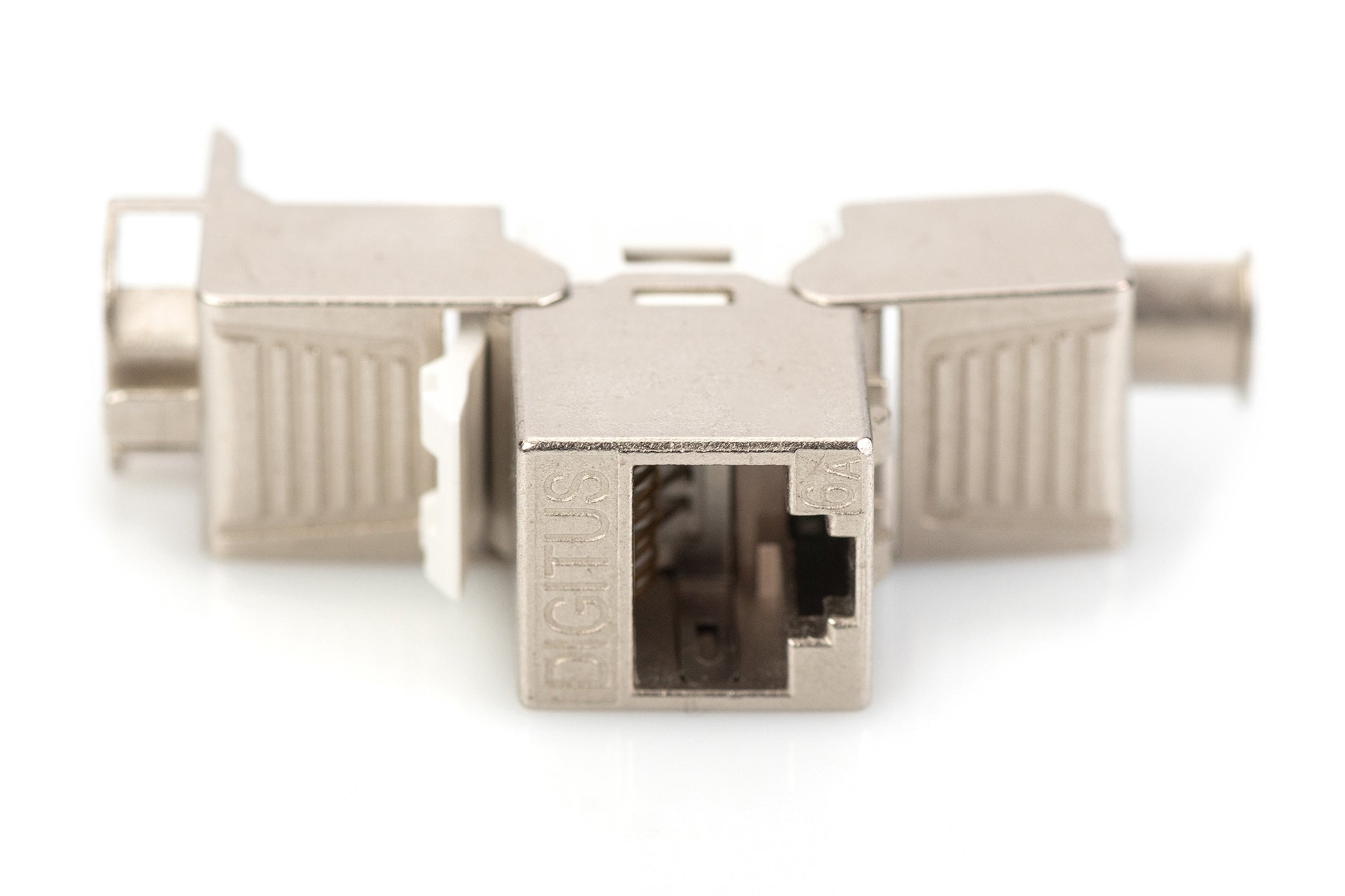 Digitus Keystone-Modul – Cat6a, geschirmt, werkzeugfrei, RJ-45 (LSA, weiblich), flach, silber, 4er-Pack