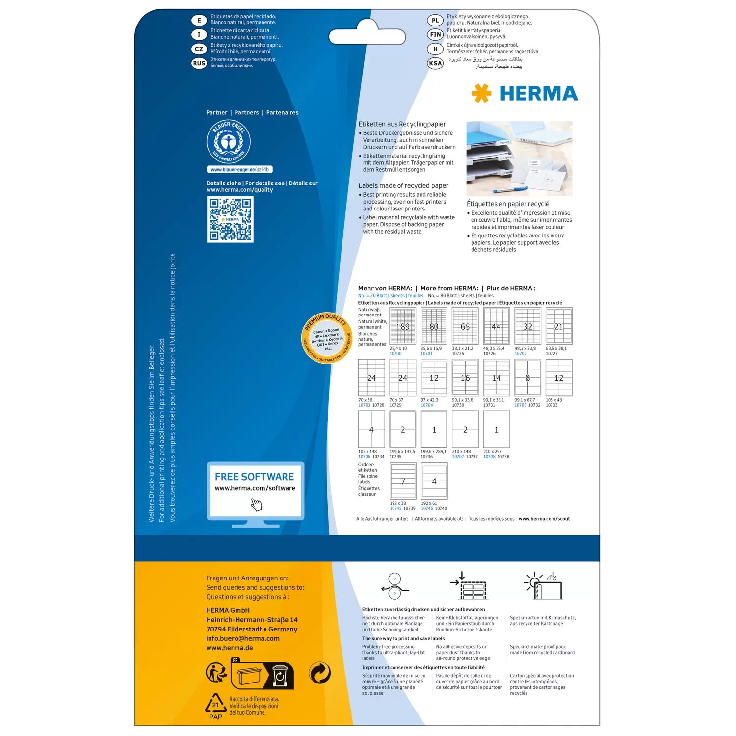HERMA Bogenetiketten, 97 mm × 42 mm, naturweiss, Altpapier, permanent, 20 Blatt (240 Etiketten)
