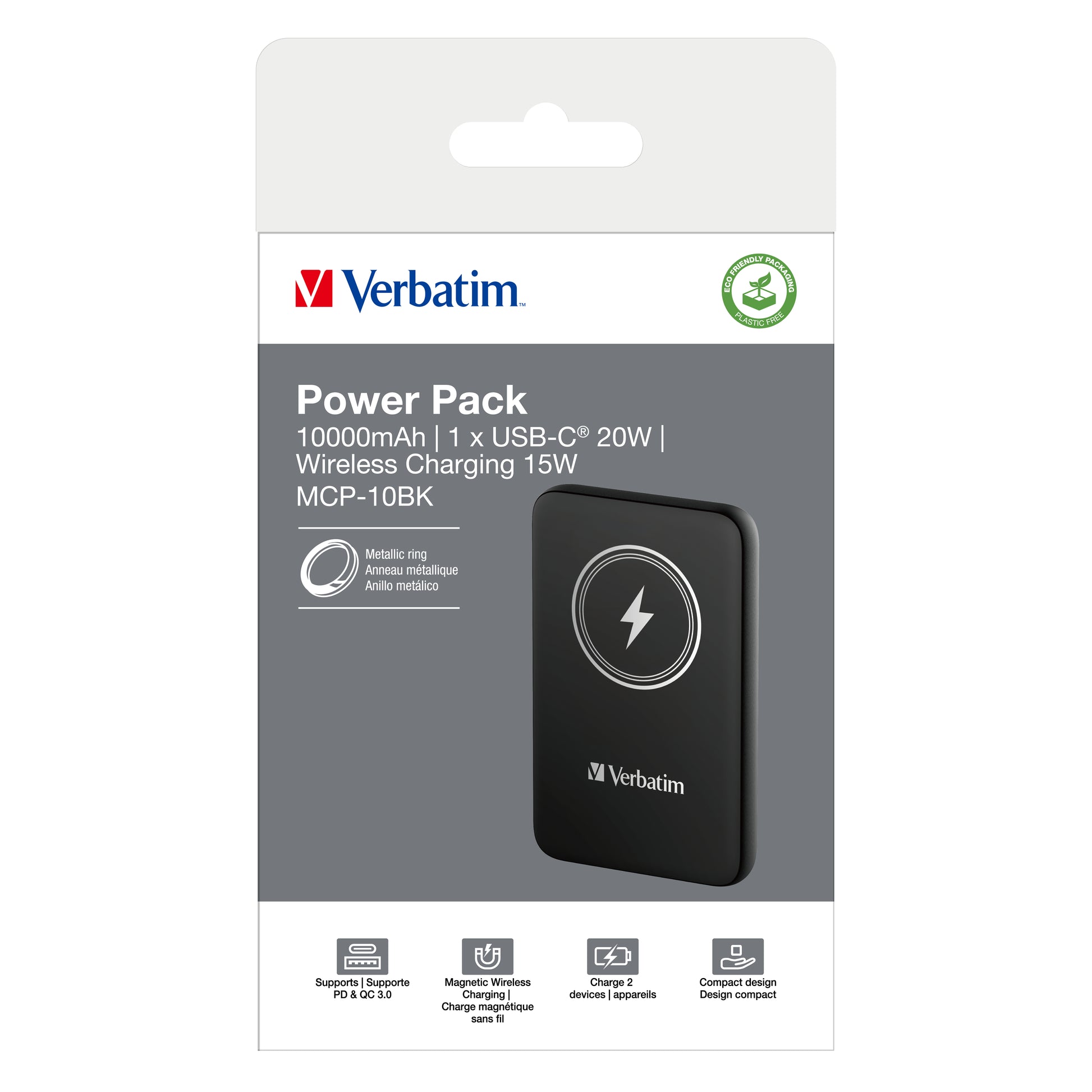 Verbatim Charge N Go Magnetische MagSafe Powerbank 10'000 mAh – 20 W PD, MagSafe 15 W, 1× USB-C, schwarz