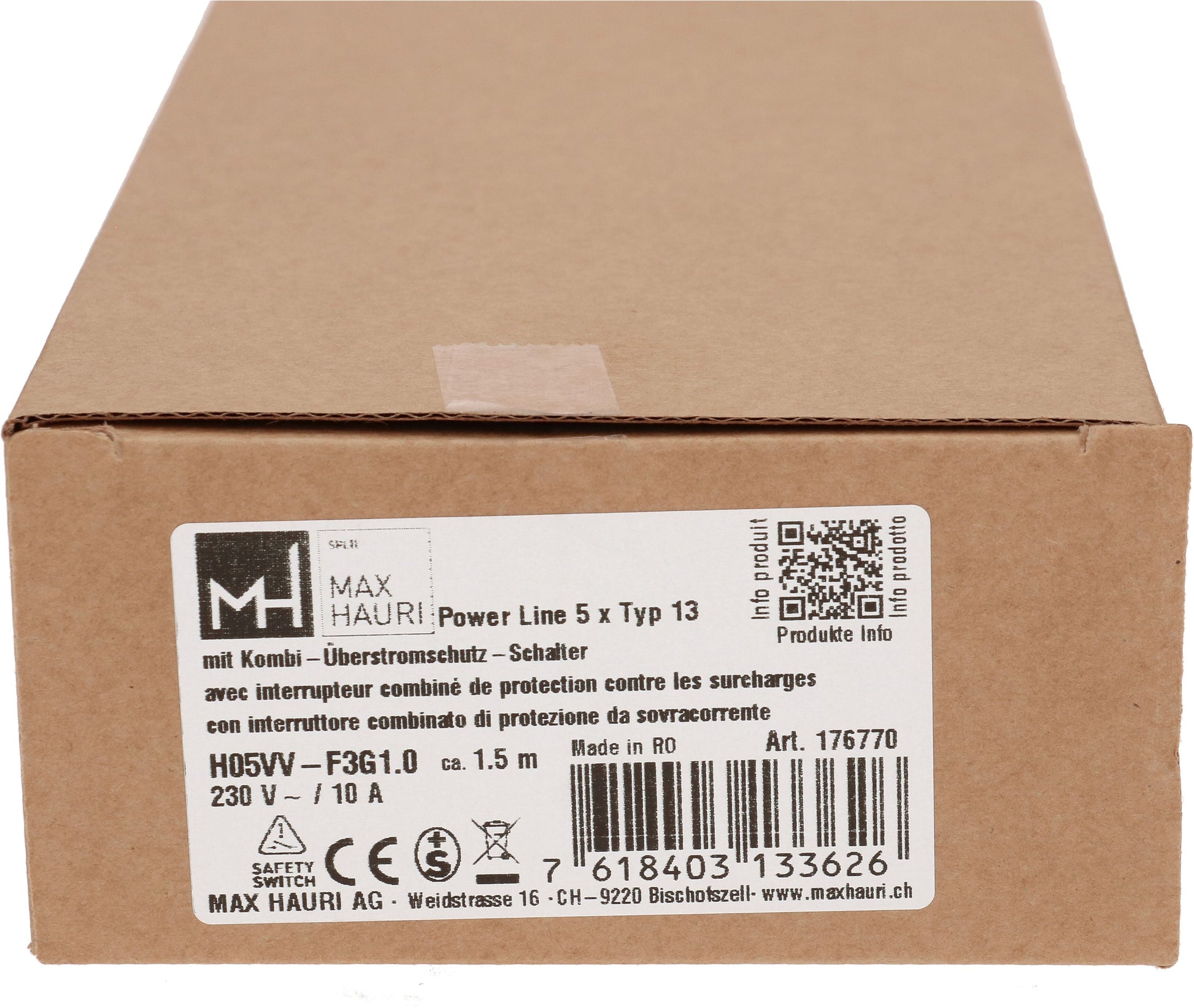 Max Hauri AG Max Hauri Power Line Steckdosenleiste, 5×T13, mit Schalter, 1,5 m, Stecker T12 – Grau/Schwarz