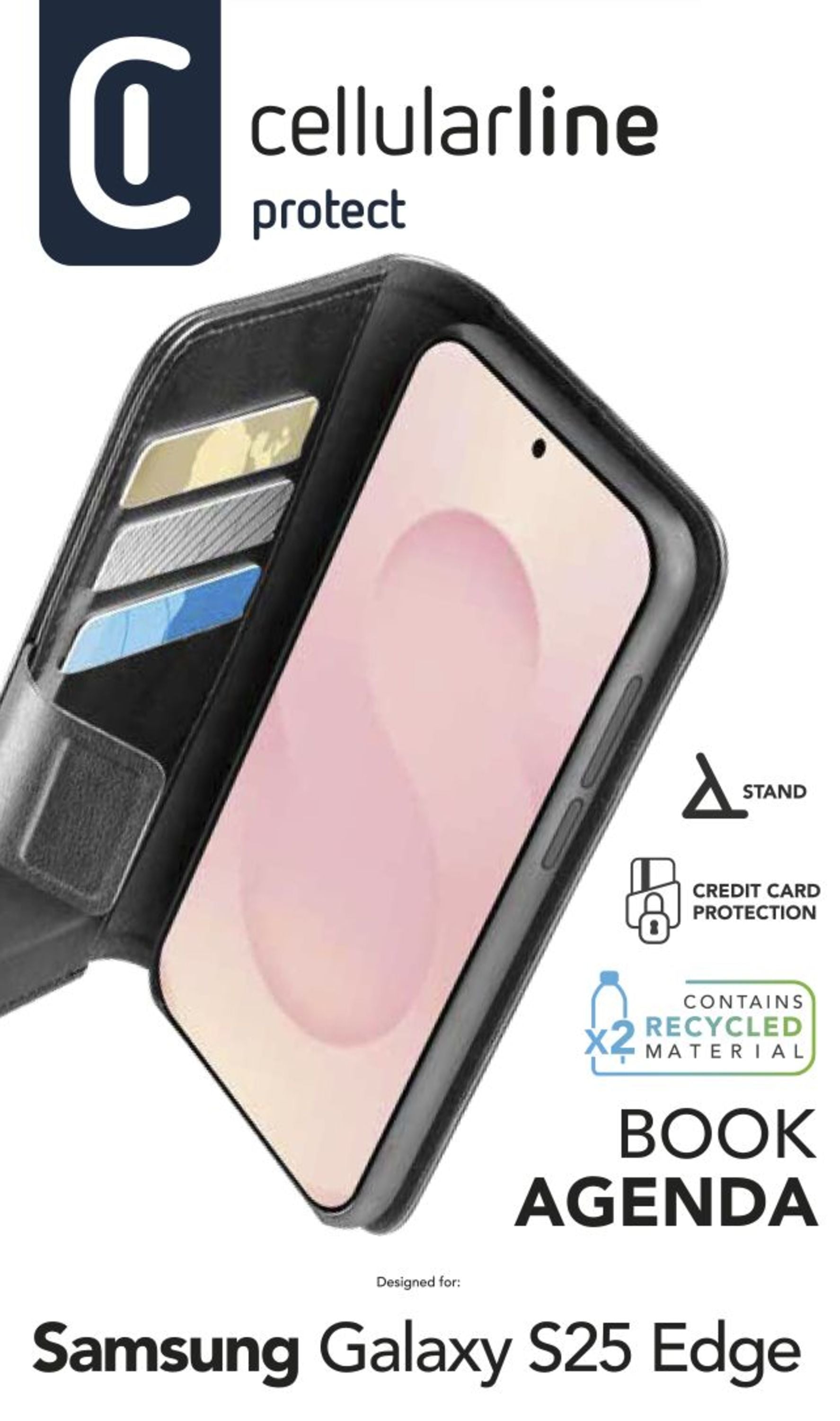 Cellularline Booklet-Hülle – für Samsung Galaxy S25 Edge – schwarz – Kunstleder – mit Kartenfach