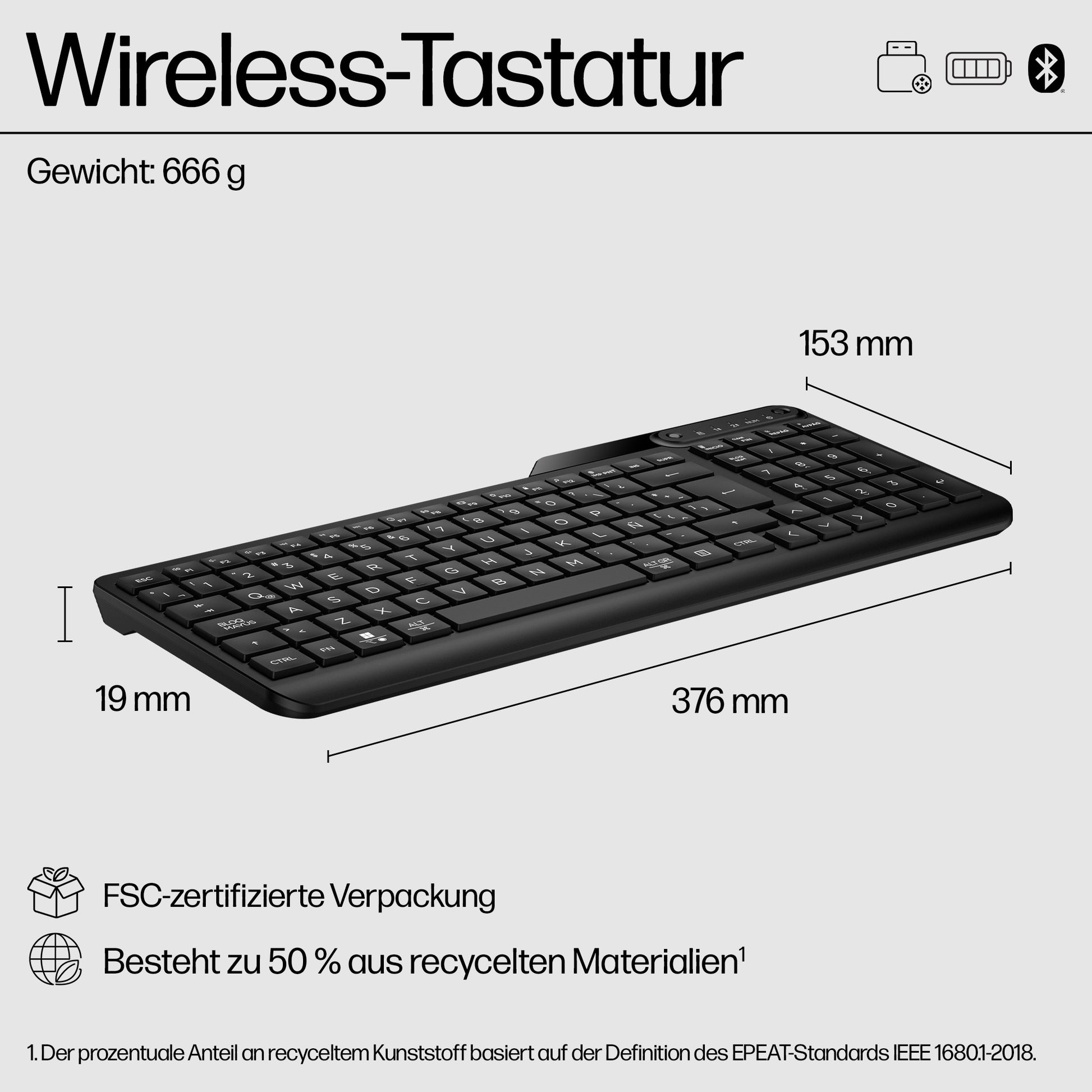 HP 475 – Tastatur, kabellos (Bluetooth/2,4 GHz), CH-Layout (DE-CH), Fullsize (mit Ziffernblock), Schwarz