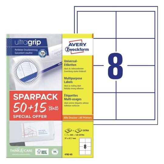 Avery 4782-65 – Etiketten A4 97 × 68 mm – Papier, weiss – Permanent haftend – Laser/Inkjet – 8 pro Blatt, 65 Blätter