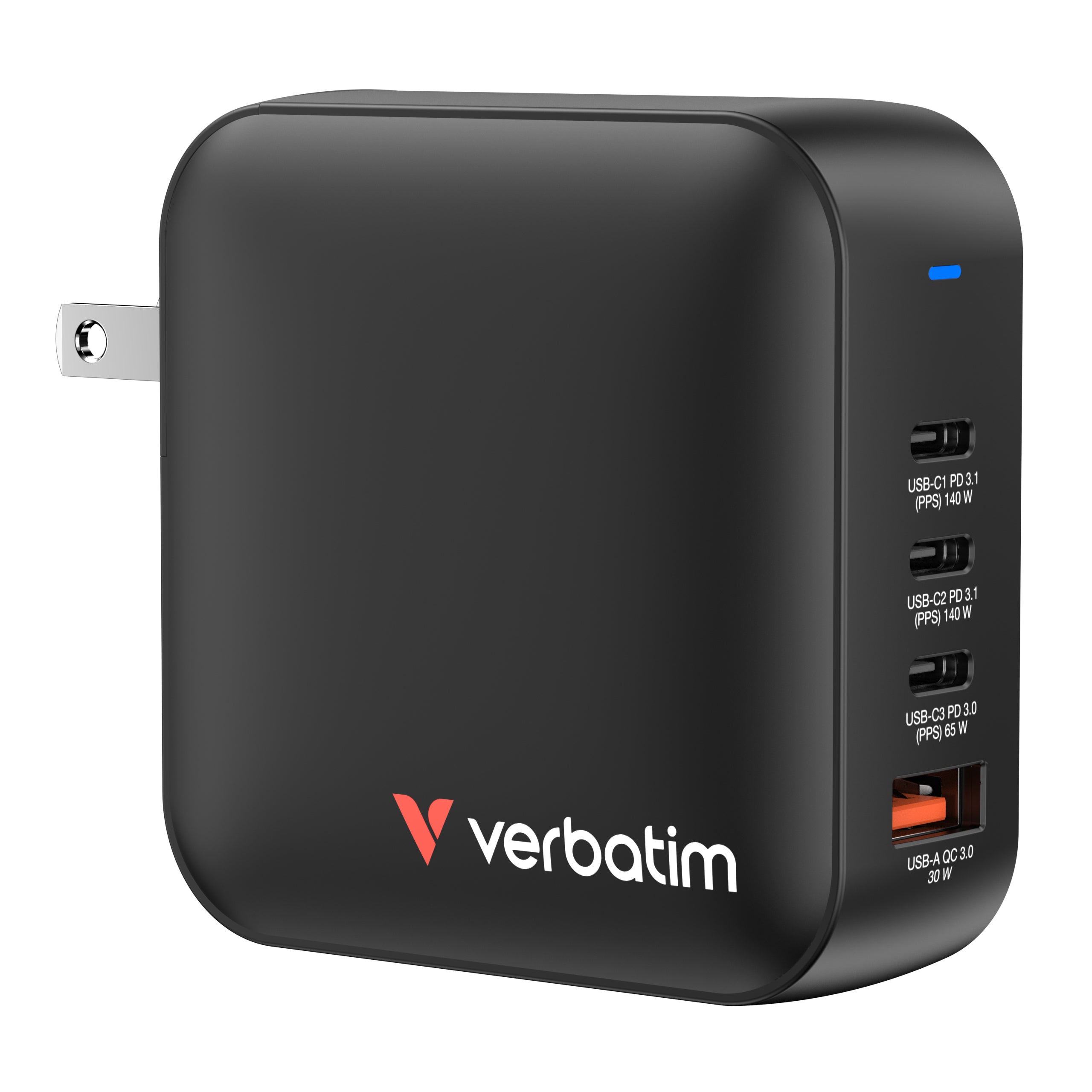 Verbatim Mini Ladegerät (US/EU/UK) – 165 W, 4× Ports, GaN