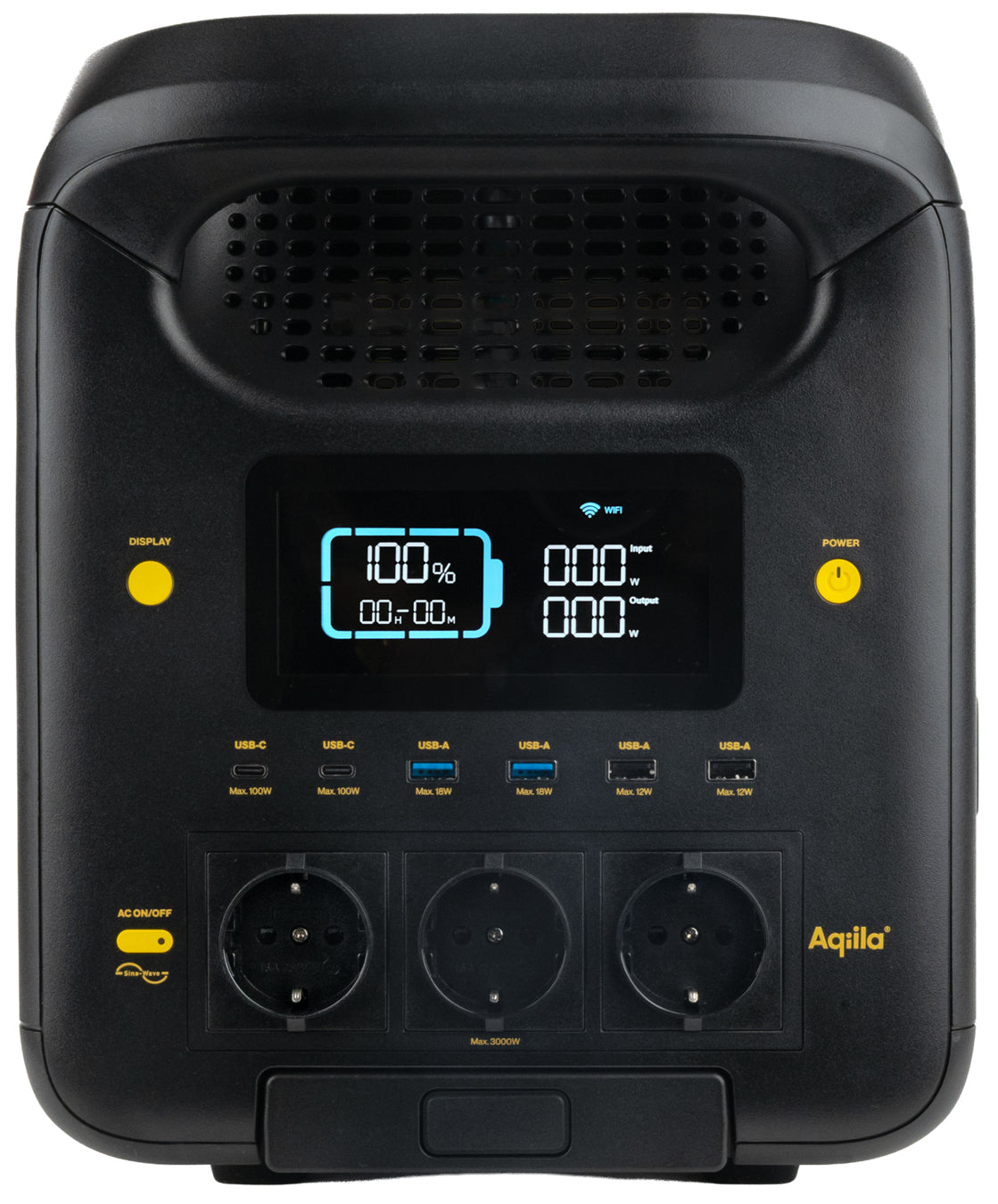 Aqiila Powerbird S3000V2 – Powerstation, 2560 Wh, 5000 W AC, LiFePO4, 3× Schuko (Typ F), Räder, LCD