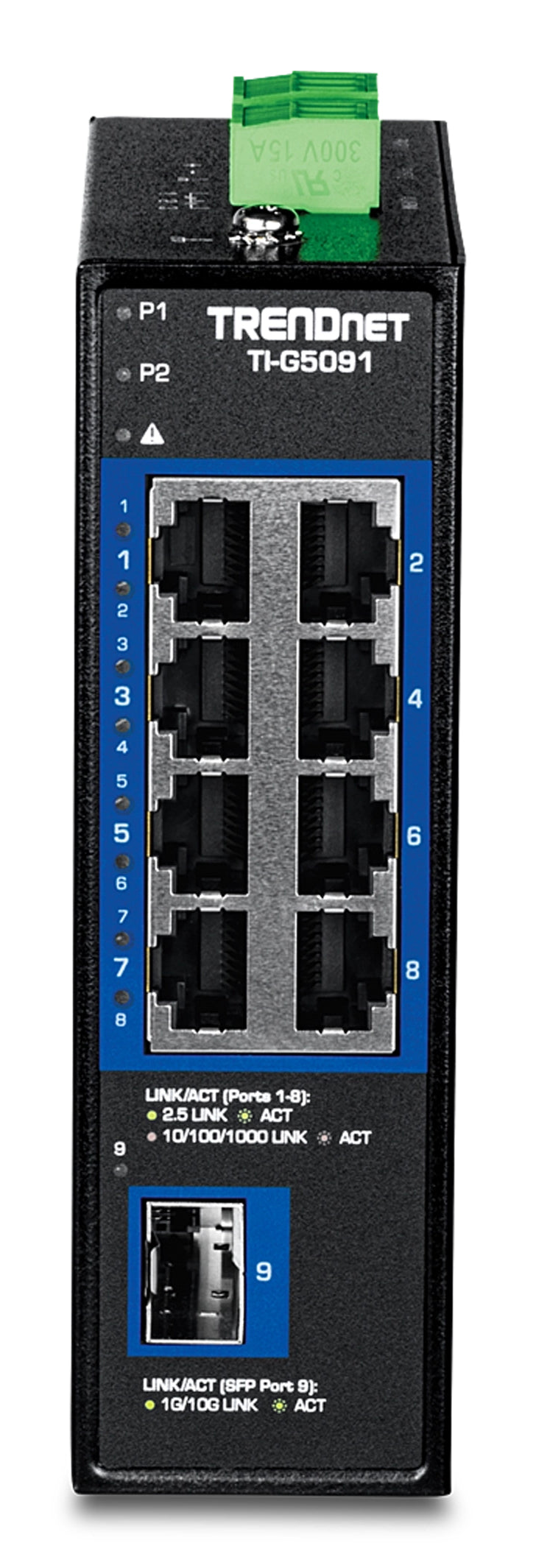 TRENDnet TI-G5091 – Unmanaged Industrial Switch – 8× 2,5G, 1× SFP+ (10G), Hutschiene, IP50
