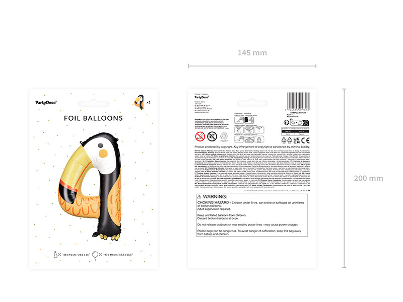 PartyDeco Folienballon Zahl 4 Tukan – Schwarz – 68 × 91 cm – Folie – 1 Stk – mit Helium befüllbar