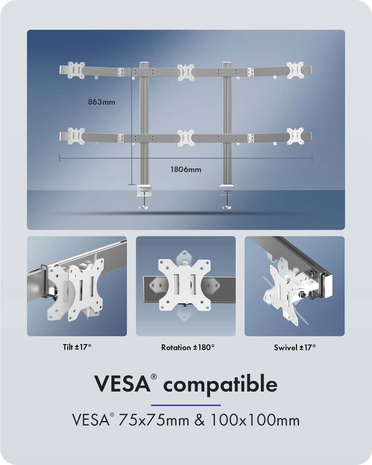 ICY BOX Diamond Stand 666 – Monitorarm Tischhalterung – 6 Monitore – bis 32" – VESA 75×75/100×100 mm