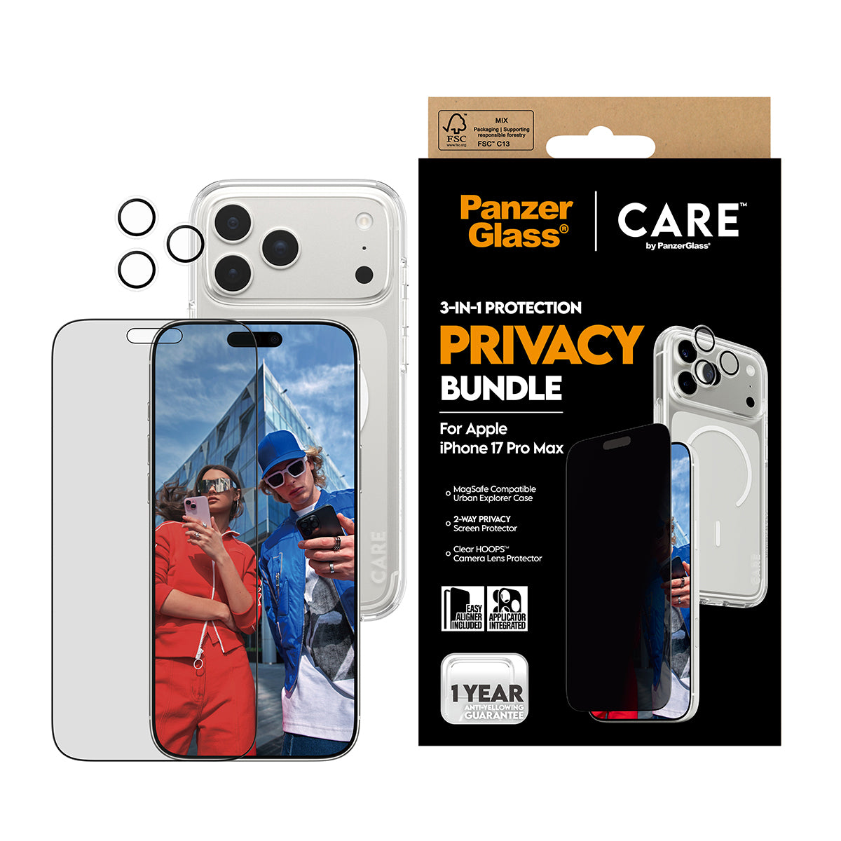 PanzerGlass Schutz-Set 3-in-1 Privacy-Filter – für Apple iPhone 17 Pro Max – Kratzresistent, Hartglas