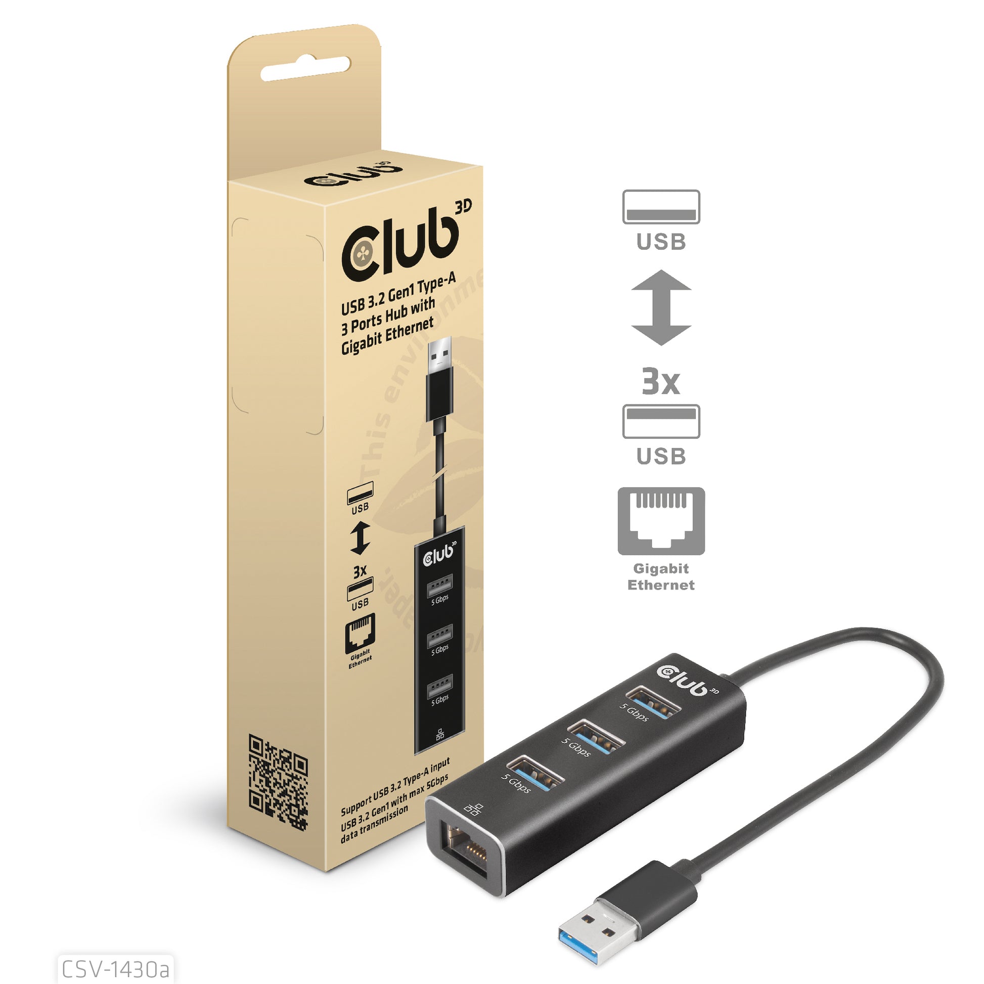CLUB3D Club 3D CSV-1430a USB-Hub – USB 3.2 Gen 1, 3× USB-A, GbE