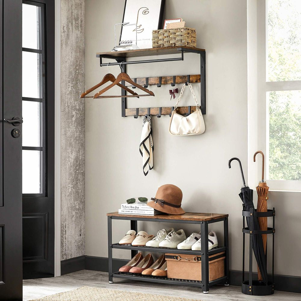 Vasagle Wandgarderobe – 10 Haken, mit Ablage, Stahl/Spanplatte, Braun/Schwarz, 65 × 30 × 42 cm